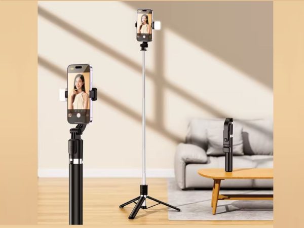 Palo selfie stick bluetooth para móvil de 1 7m con luz, soporte de escritorio, trípode integrado para transmisión en vivo y tiktok