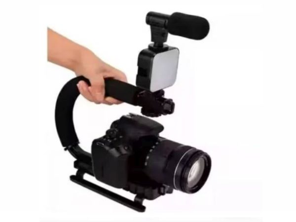 Kit estabilizador escorpion de mano para cámaras y videocámaras en forma de U/C con soporte para zapata + kit luz y microfono + control remoto bluetooth
