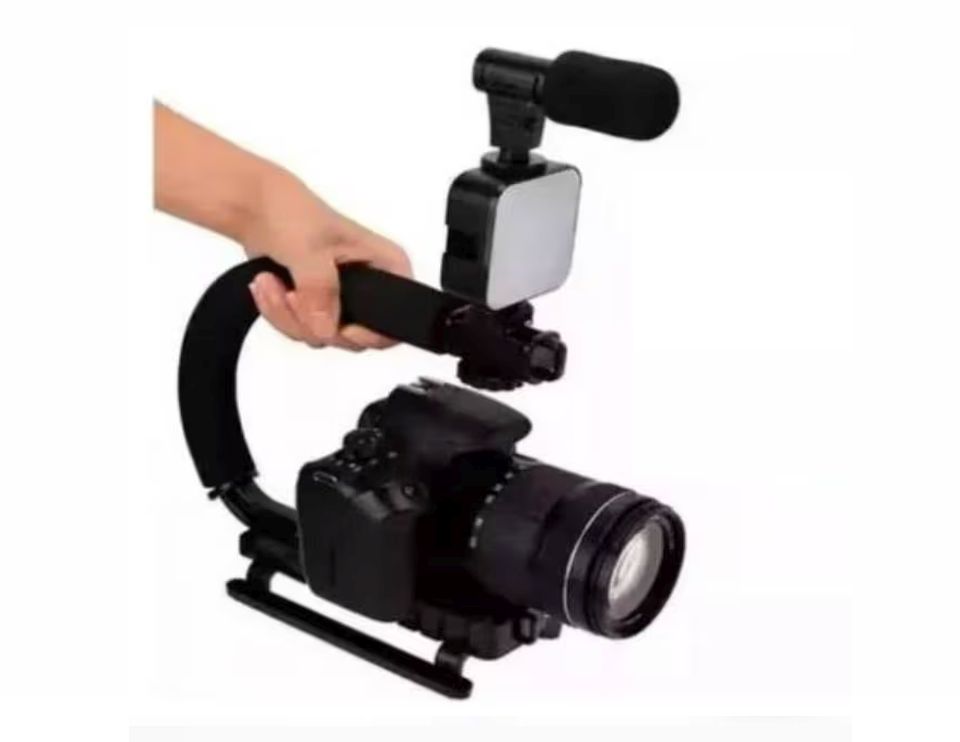 Kit estabilizador escorpion de mano para cámaras y videocámaras en forma de U/C con soporte para zapata + kit luz y microfono + control remoto bluetooth
